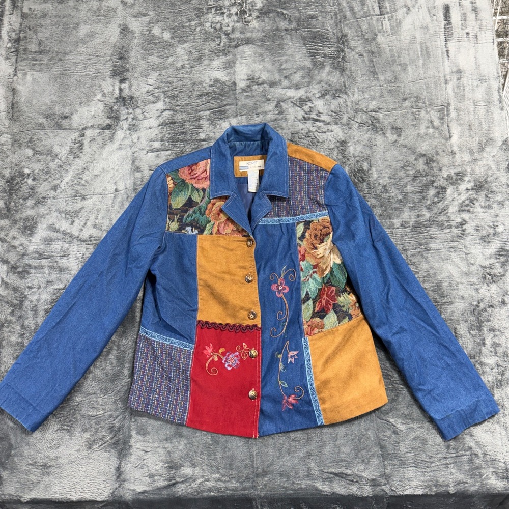 Koret City Blues Patchwork Denim Jacket Womens Small Blue‎ Floral Art to Wear